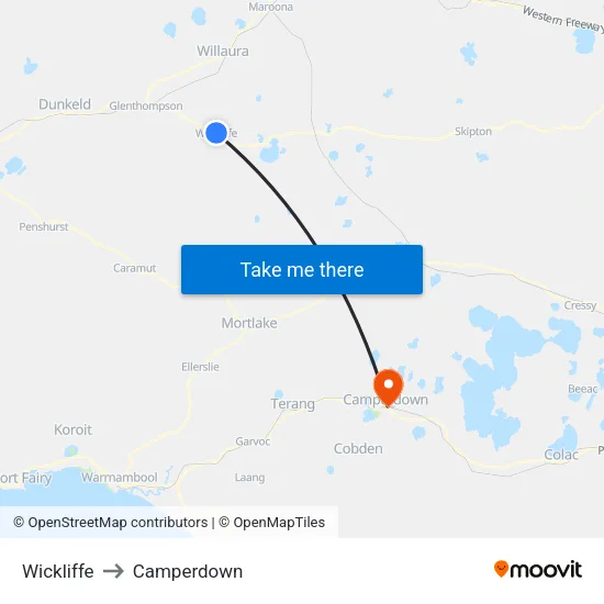 Wickliffe to Camperdown map