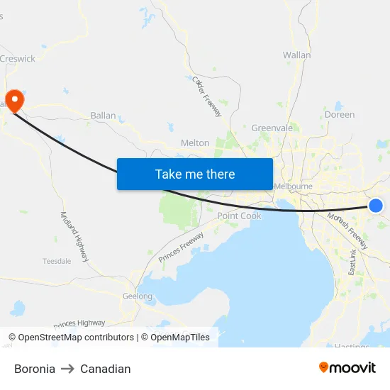 Boronia to Canadian map