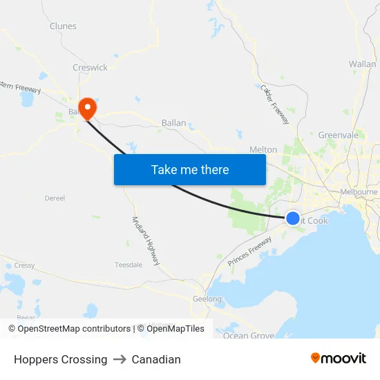 Hoppers Crossing to Canadian map