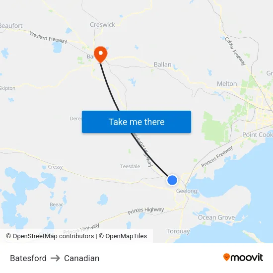 Batesford to Canadian map