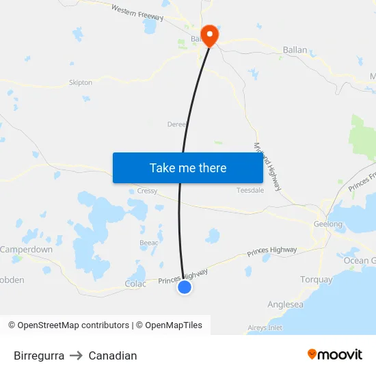 Birregurra to Canadian map