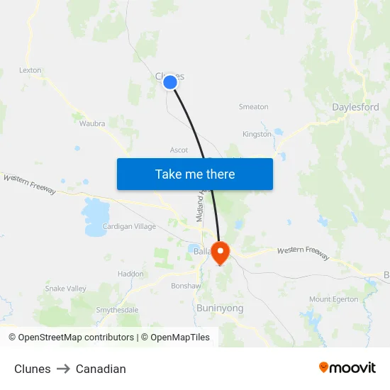 Clunes to Canadian map