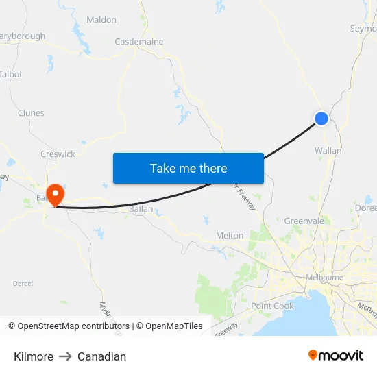 Kilmore to Canadian map