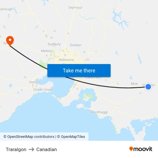 Traralgon to Canadian map