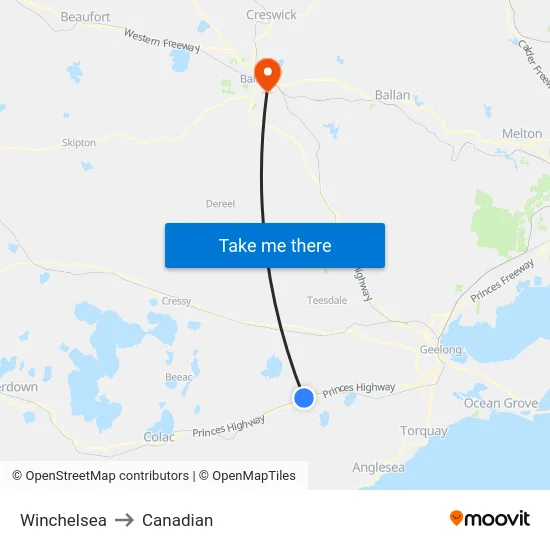 Winchelsea to Canadian map