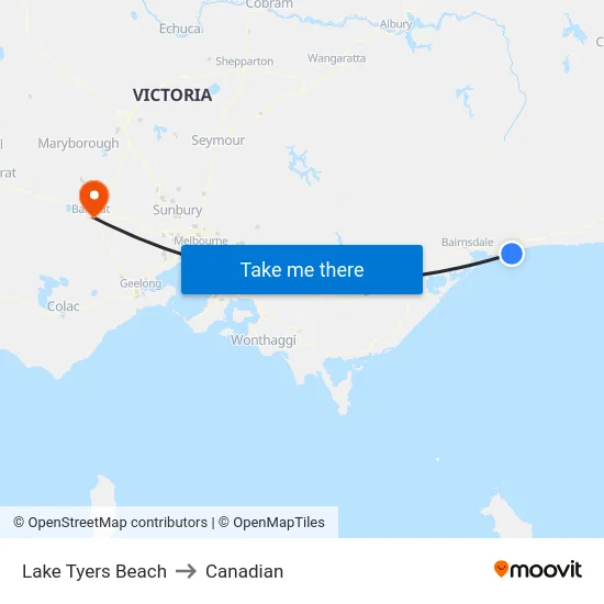 Lake Tyers Beach to Canadian map