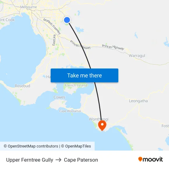 Upper Ferntree Gully to Cape Paterson map