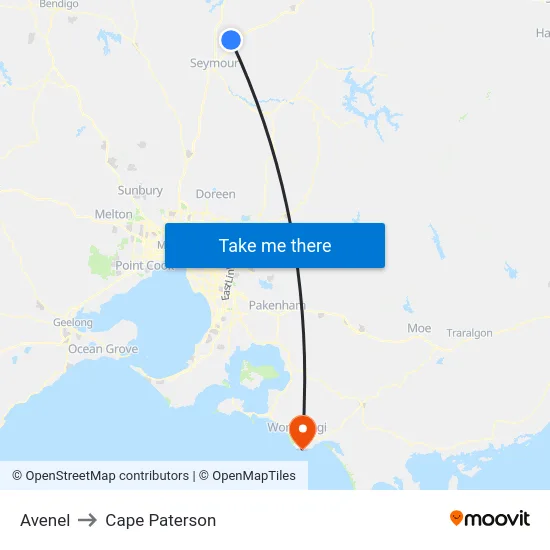 Avenel to Cape Paterson map