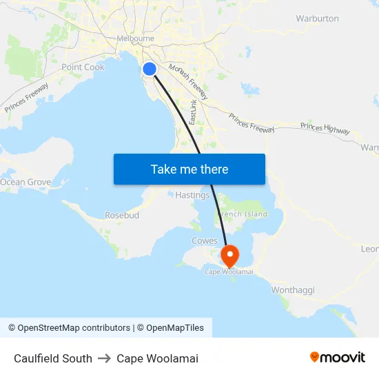 Caulfield South to Cape Woolamai map