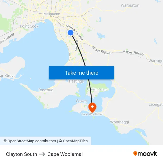 Clayton South to Cape Woolamai map