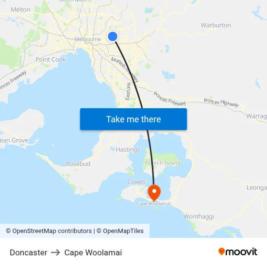 Doncaster to Cape Woolamai map
