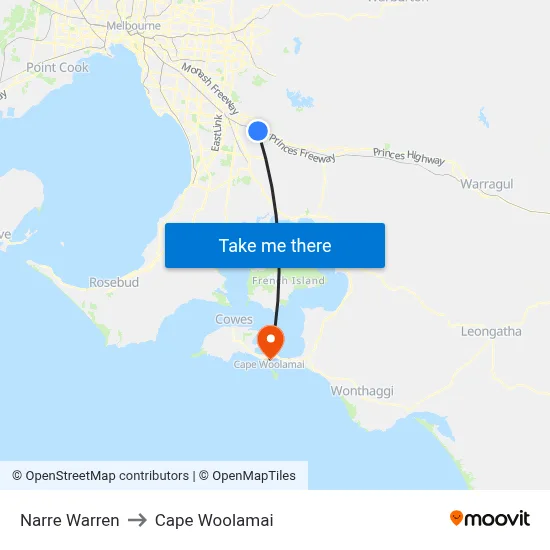 Narre Warren to Cape Woolamai map