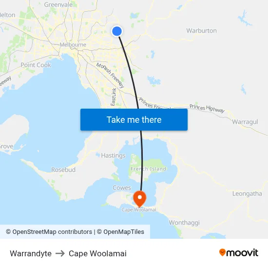 Warrandyte to Cape Woolamai map
