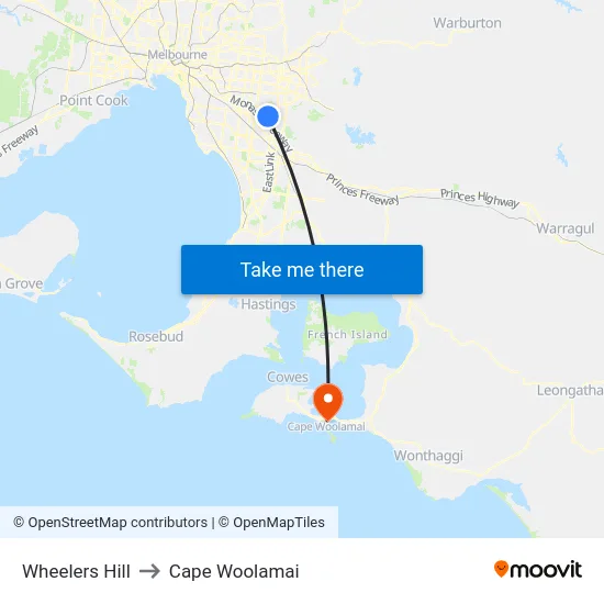 Wheelers Hill to Cape Woolamai map