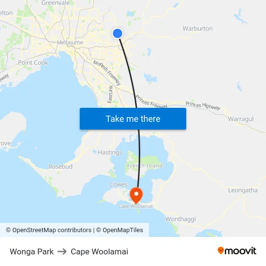 Wonga Park to Cape Woolamai map