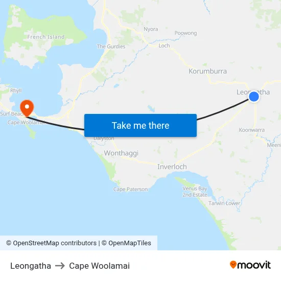 Leongatha to Cape Woolamai map