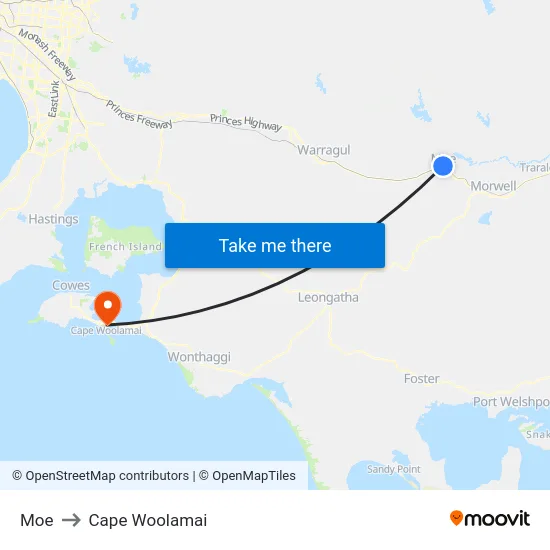 Moe to Cape Woolamai map