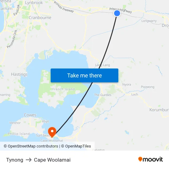Tynong to Cape Woolamai map