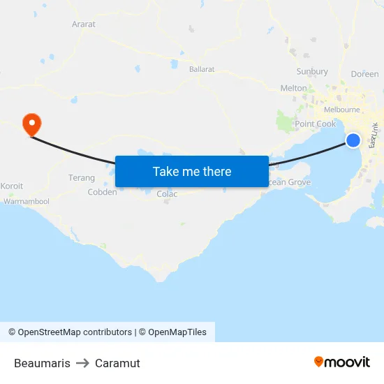 Beaumaris to Caramut map