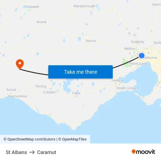 St Albans to Caramut map