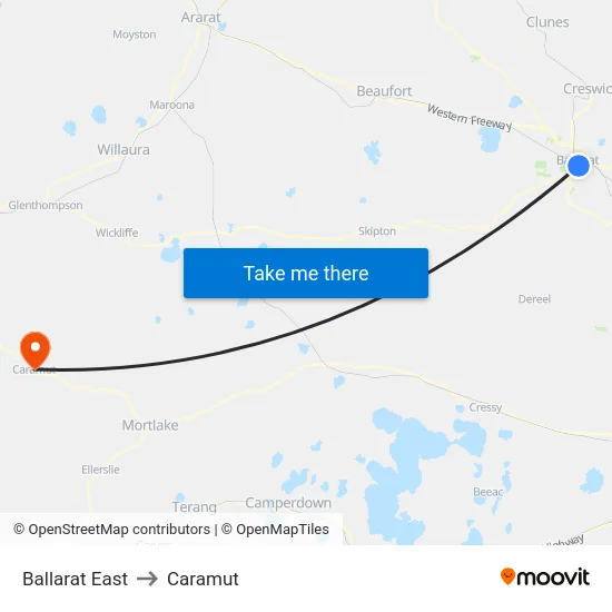 Ballarat East to Caramut map