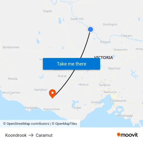 Koondrook to Caramut map
