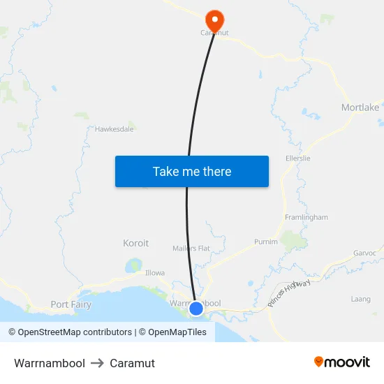 Warrnambool to Caramut map