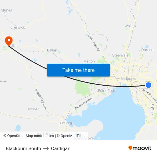 Blackburn South to Cardigan map