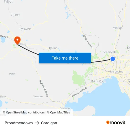 Broadmeadows to Cardigan map