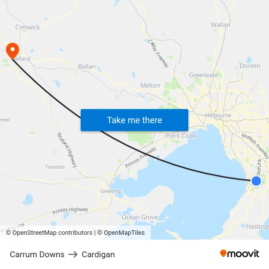 Carrum Downs to Cardigan map