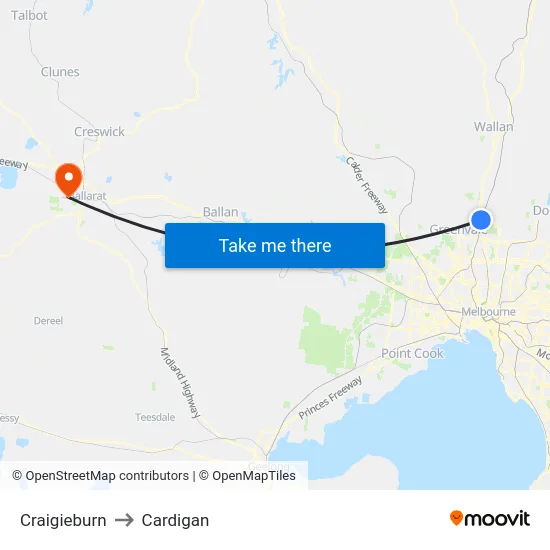 Craigieburn to Cardigan map