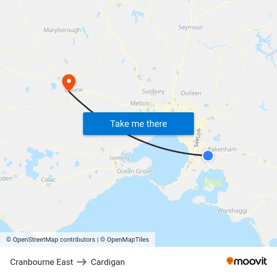Cranbourne East to Cardigan map