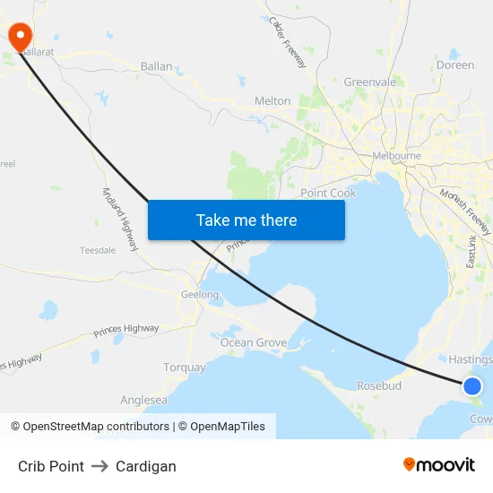 Crib Point to Cardigan map