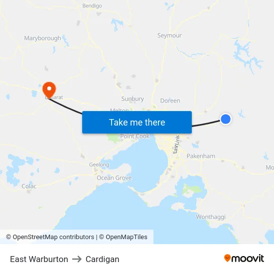 East Warburton to Cardigan map