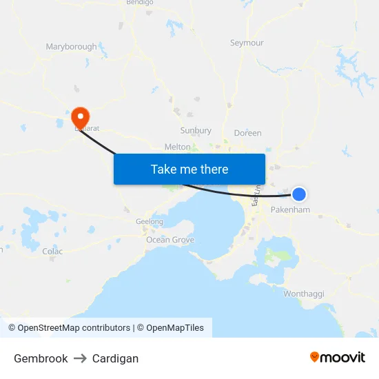 Gembrook to Cardigan map