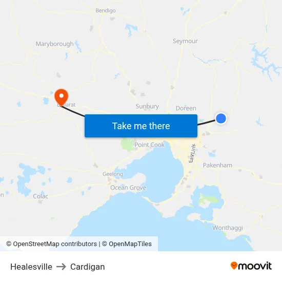 Healesville to Cardigan map
