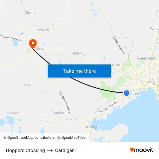 Hoppers Crossing to Cardigan map