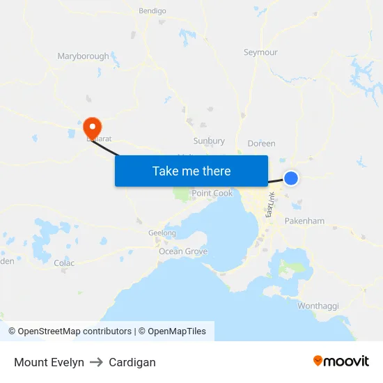 Mount Evelyn to Cardigan map
