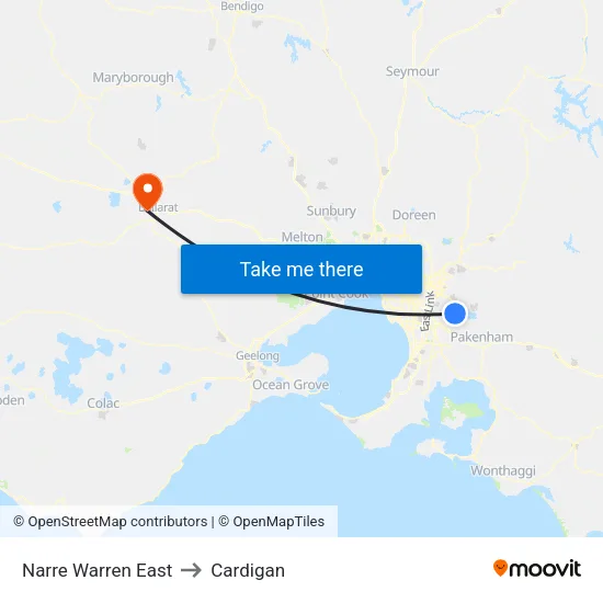 Narre Warren East to Cardigan map