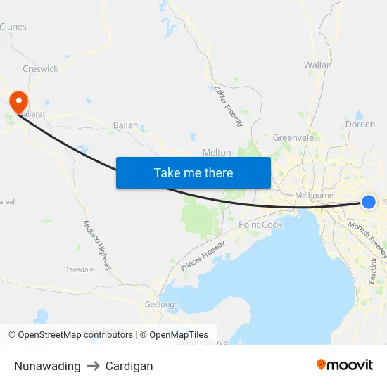 Nunawading to Cardigan map