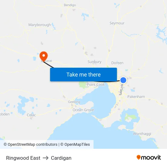 Ringwood East to Cardigan map