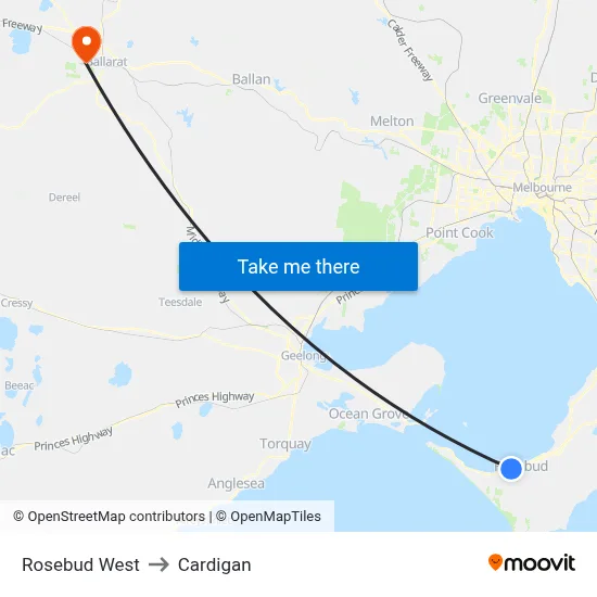 Rosebud West to Cardigan map