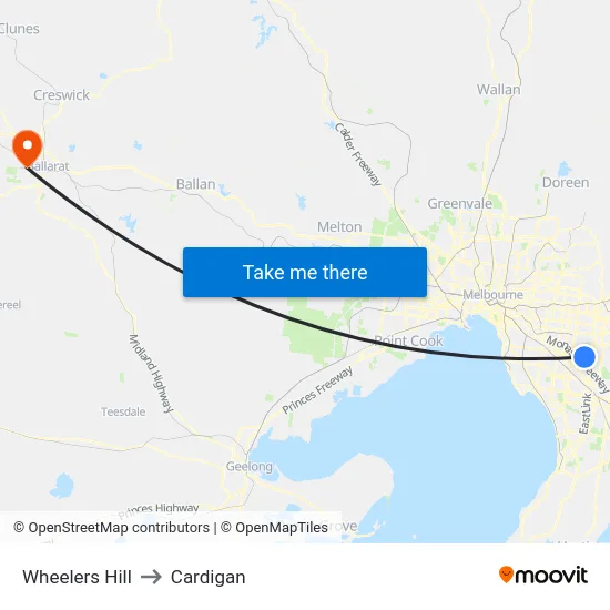 Wheelers Hill to Cardigan map