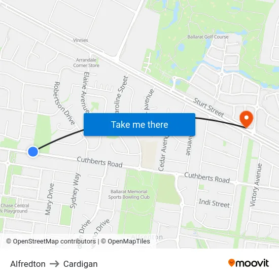 Alfredton to Cardigan map