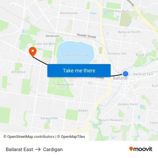 Ballarat East to Cardigan map