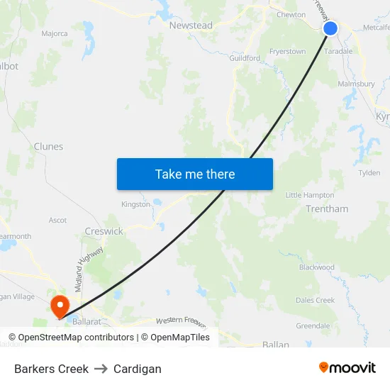 Barkers Creek to Cardigan map
