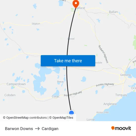 Barwon Downs to Cardigan map