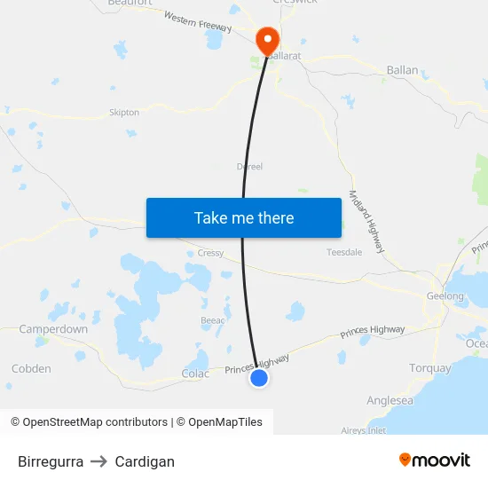 Birregurra to Cardigan map