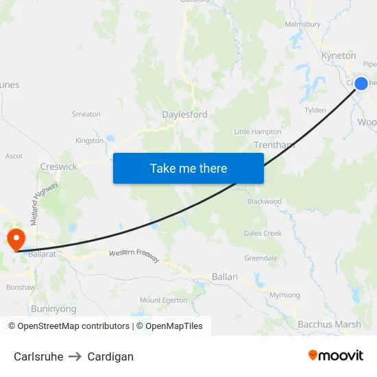 Carlsruhe to Cardigan map