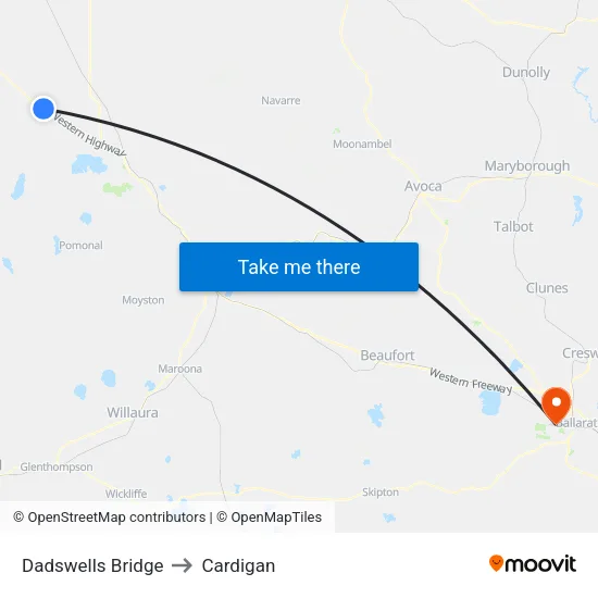 Dadswells Bridge to Cardigan map